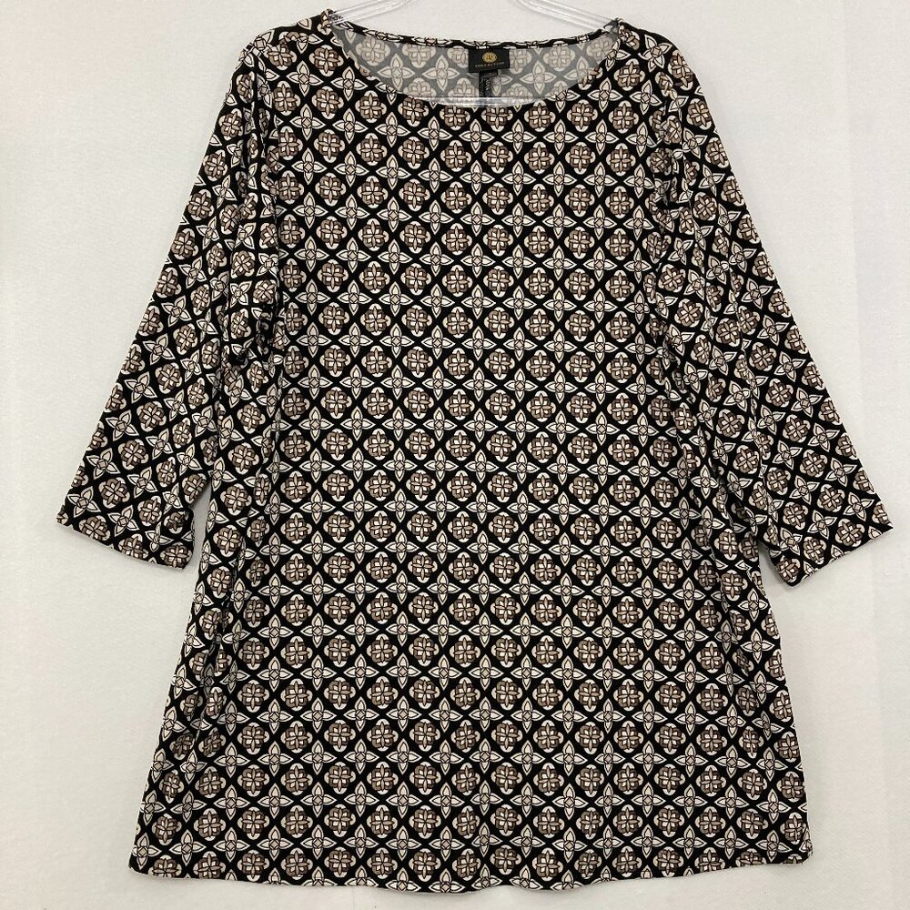 JM‎ Collection size 1X brown black Geometric Abstract Stretch Knit Blouse Office